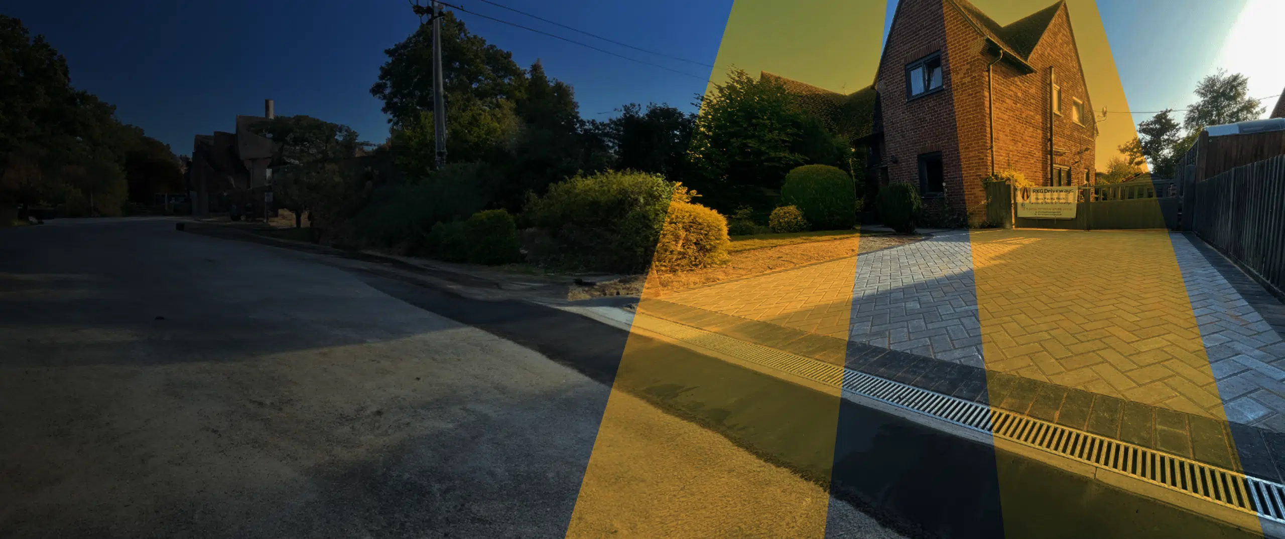 RKG Driveways — split scene of a freshly laid tarmac driveway and block paving at a brick home with the RKG brand shield